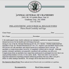 Thumbnail image of anesthetic and surgical release form Animal General animal surgery hospital